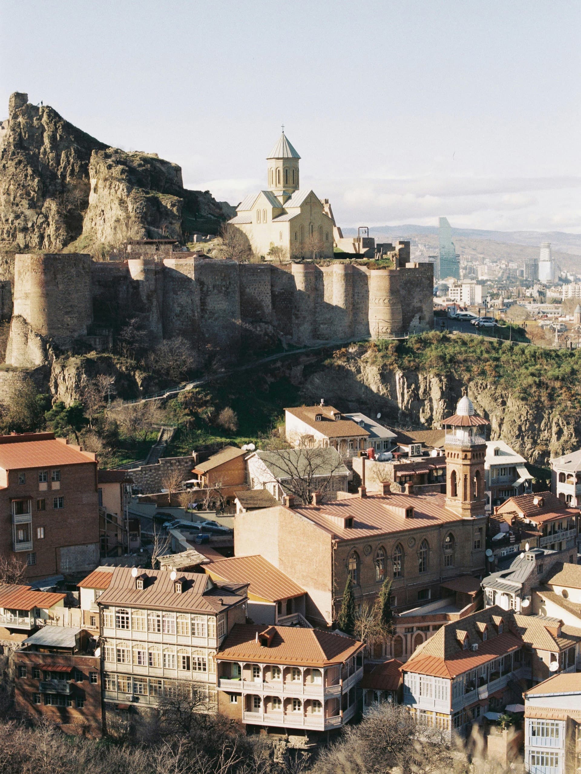 Tbilisi Old Town panorama with Narikala Fortress, traditional sulfur baths district, and Mtkvari River